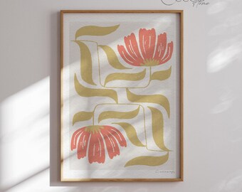 Colorful Modern Boho Flower Art Print Abstract Botanical Wall Print Pink and Green Floral Poster Bohemian Decor Instant Digital Download Art