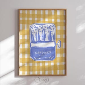 Impresión de arte de pared de cocina colorida Póster retro de pared de sardinas Estilo de verano azul y amarillo Impresiones de arte originales italianas Descarga digital instantánea