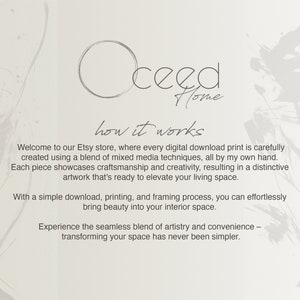 K&ouml;nnte beinhalten: Ein wei&szlig;er Hintergrund mit einem grauen Kreis und dem Text "ceed Home" in Schwarz. Der Text "how it works" ist darunter in Kursivschrift geschrieben. Der Text darunter erkl&auml;rt, dass der Etsy-Shop digitale Download-Drucke anbietet, die mit Mixed-Media-Techniken erstellt wurden.