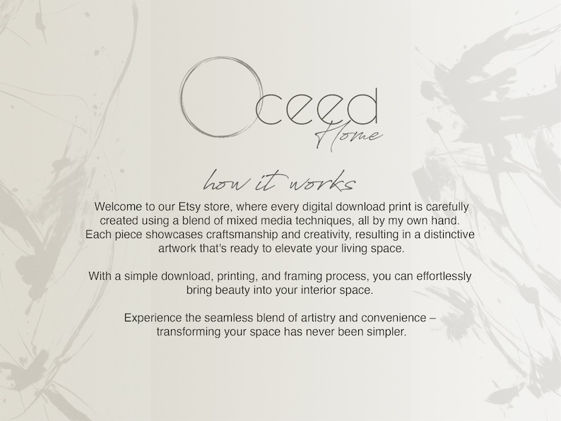 K&ouml;nnte beinhalten: Ein wei&szlig;er Hintergrund mit einem grauen Kreis und dem Text "ceed Home" in Schwarz. Der Text "how it works" ist darunter in Kursivschrift geschrieben. Der Text darunter erkl&auml;rt, dass der Etsy-Shop digitale Download-Drucke anbietet, die mit Mixed-Media-Techniken erstellt wurden.