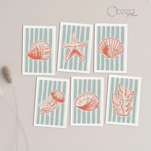 Mini lot de 6 tirages d'art côtiers à imprimer moderne bleu clair et orange corail bord de mer estival impression esthétique téléchargement numérique instantané