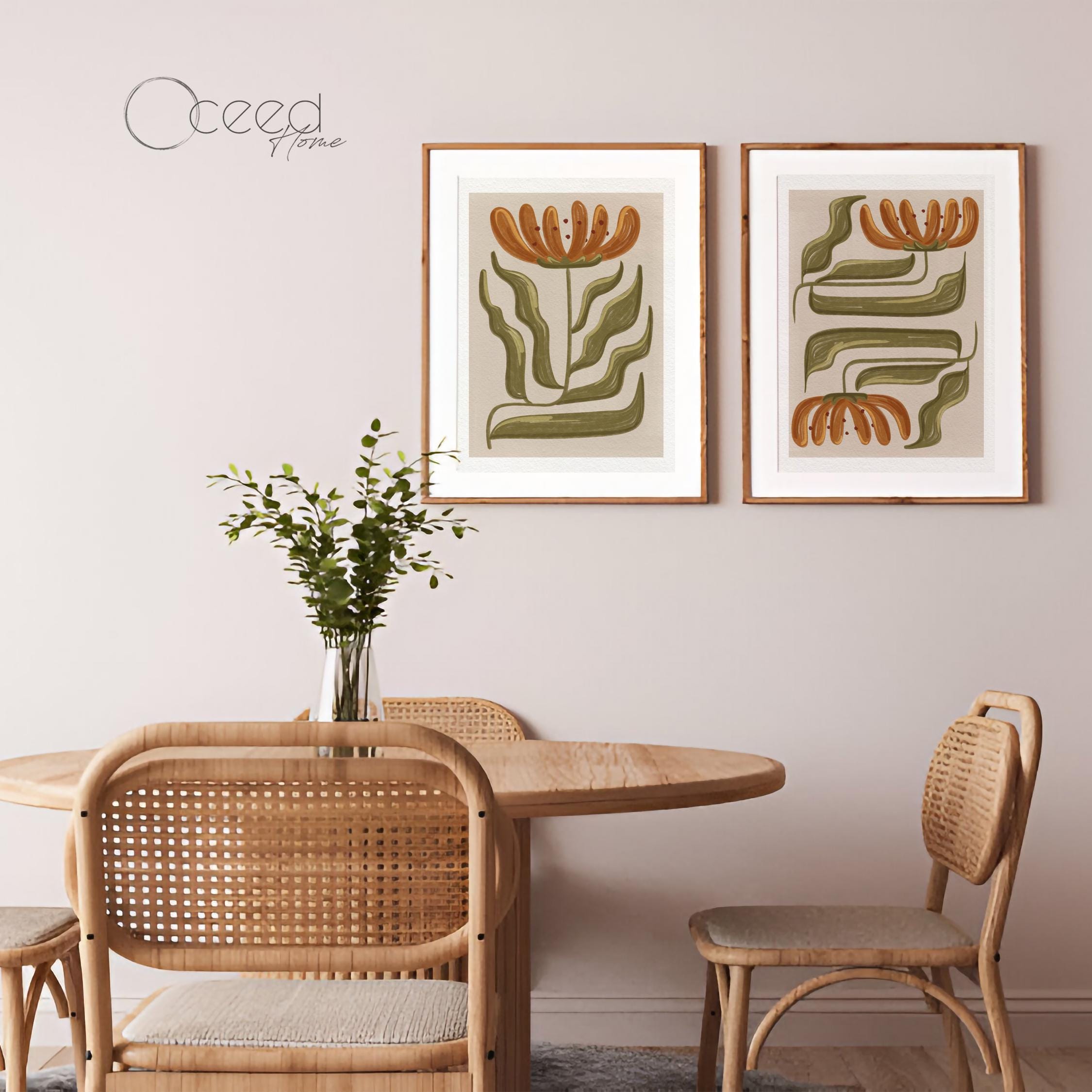Set of 2 Earth Tone Flower Prints Boho Aesthetic Wall Art Textured Wild ...