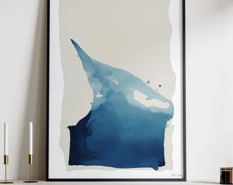 Mid century modern inspired blue wall art print with clean lines and balanced composition