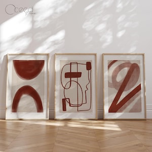 Nowoczesny minimalistyczny zestaw 3 abstrakcyjnych grafik ściennych w ciepłym, ziemistym, czerwonym, modernistycznym kolorze, do druku, galeria ścienna, dekoracja domu, natychmiastowe pobranie sztuki cyfrowej
