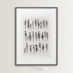 Boceto original en blanco y negro de figuras humanas, impresión artística, dibujo lineal minimalista moderno, impresiones de pared para galería, descarga digital instantánea