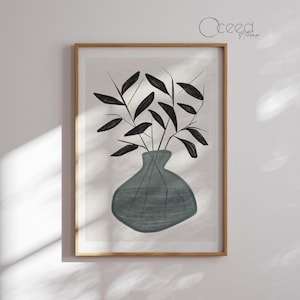 Impresión de arte bohemio minimalista, abstracto, floral, naturaleza muerta, jarrón azul, hojas negras, neutro, moderno, botánico, arte de pared, póster, descarga digital instantánea