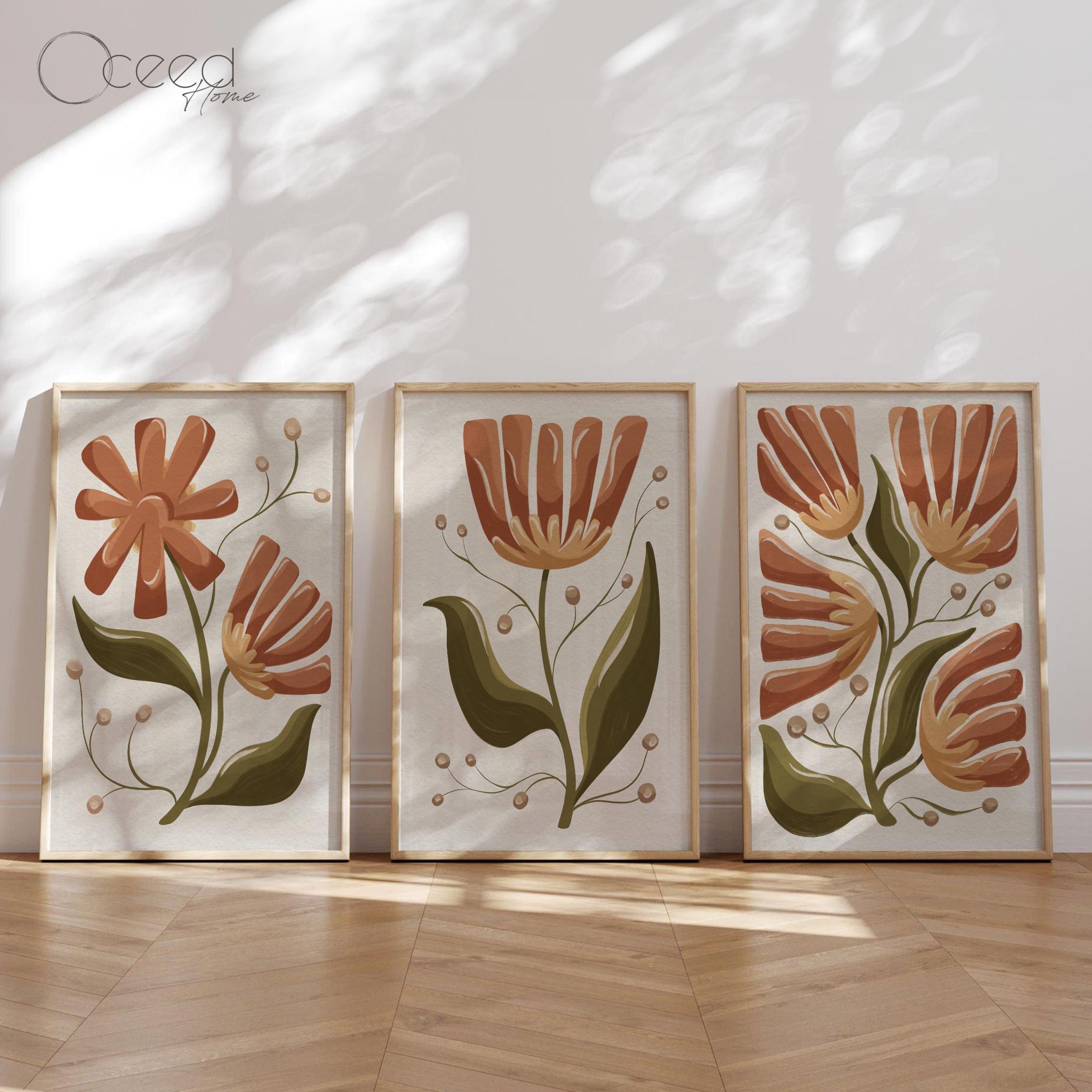 Set of 3 Boho Floral Wall Print Abstract Botanical Bouquet Prints Earth ...