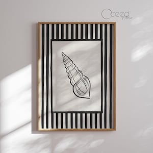 Coastal Seashell Wall Art Printable Black and White Nautical Stripe Decor Modern Beach House Digital Print Instant Ocean Download Art Print