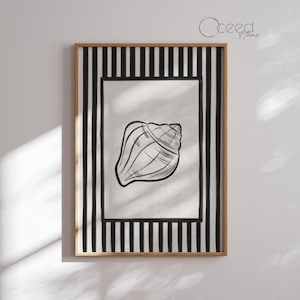 Black and White Seashell Wall Art Printable Modern Coastal Nautical Stripe Print Modern Tropical Ocean Decor Instant Digital Download Art