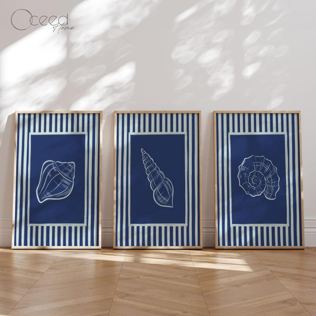 Modern Navy Blue Coastal Home Wall Prints Set of 3 Striped Sea Shell ...
