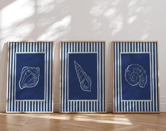 Modern Navy Blue Coastal Home Wall Prints Set Of 3 Striped Sea Shell Art Print Collection Minimal Tropical Poster Instant Digital Download