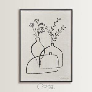 Puede incluir: Un dibujo en blanco y negro de tres jarrones con flores. Los jarrones están dispuestos en un grupo y las flores son simples y estilizadas.