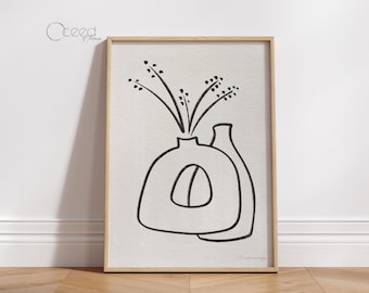 Minimal Black And White Still Life Art Print Flower In Vase Wall Print Neutral Floral Minimal Line Drawing Art Print Instant Download Prints
