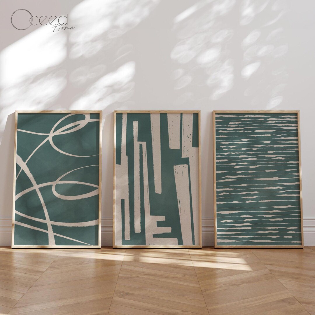 Modern Abstract Teal Set of 3 Art Prints Textured Geometric Wall Print ...