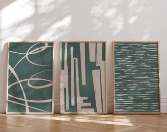 Modern Abstract Teal Set Of 3 Art Prints Textured Geometric Wall Print Contemporary Paintings Gallery Wall Bundle Instant Digital Download