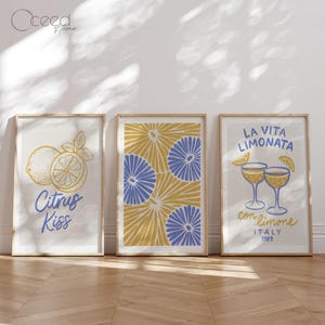 Set of 3 Mediterranean Citrus Prints Blue Yellow Lemon Wall Art Summer Kitchen Dining Room Decor Fresh Vibrant Fruit Print Instant Download