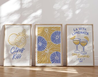 Set of 3 Mediterranean Citrus Prints Blue Yellow Lemon Wall Art Summer Kitchen Dining Room Decor Fresh Vibrant Fruit Print Instant Download