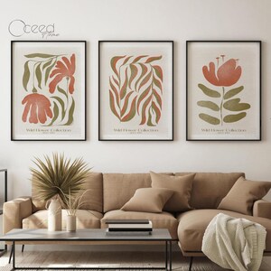 Set of 3 Boho Art Print Terracotta and Green Botanical Wall Prints Wild ...