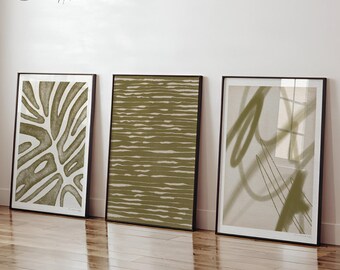 Olive Green Abstract Set Of 3 Wall Prints Earth Tone Modern Collection Wall Decor Minimal Instant Digital Download Printable Feature Wall