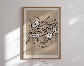 May include: A black and white line drawing of a bouquet of flowers in a vase. The flowers are stylized and have a simple, modern aesthetic. The background is a light brown color.