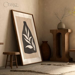 Impresión de arte bohemio, naturaleza muerta floral abstracta, jarrón negro, hojas blancas, arte de pared botánico minimalista moderno neutro, póster, descarga digital instantánea