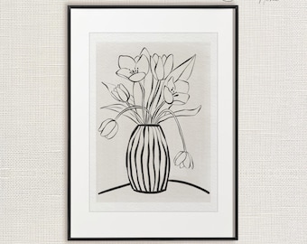 Flower Line Art Print Black And White Floral Still Life Wall Print Flower Vase Dining Room Artwork Printable Home Decor Digital Download Art