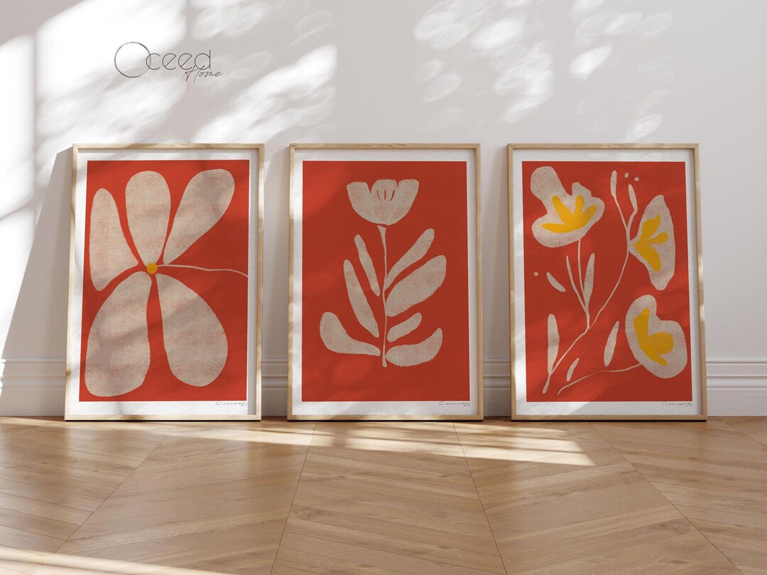 Vibrant Red Set of 3 Flower Wall Print, Minimal Abstract Floral Prints ...