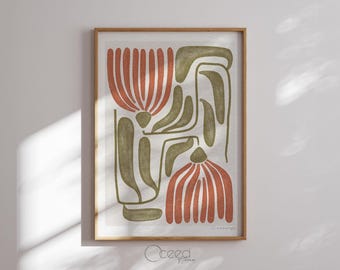 Boho Blumen Kunst Druck Gebrannte Orange und Olivgrün Blume Wand Druck Erdton Drucke Rustikale Warme Farbpalette Druck Instant Download Art
