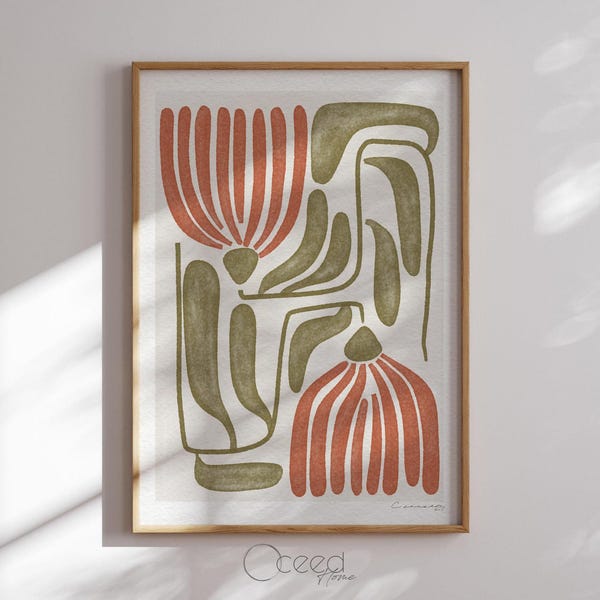 Boho Floral Art Print Burnt Orange And Olive Green Flower Wall Print Earth Tone Prints Rustic Warm Color Palette Print Instant Download Art