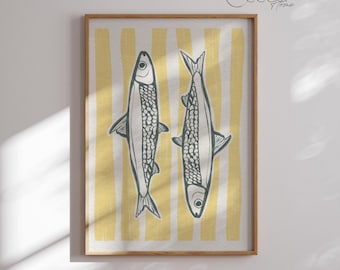 Sardine Kitchen Poster Wall Print Summer Mediterranean Kitchen Print Retro Sardine Print Blue & Yellow Kitchen Art Instant Digital Download