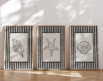 Set of 3 Seashell Prints Black & White Nautical Wall Art Striped Coastal Home Decor Modern Beach Instant House Digital Download Beach Prints