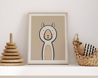 かわいいラマのイラストアートプリント。楽しい印刷可能な漫画動物保育園の壁ポスター。幼児の部屋の壁プリント。ホームデコレーション。すぐにダウンロードできるアート。