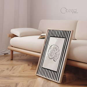 Printable Seashell Wall Art Black and White Nautical Decor Striped Coastal Digital Print Modern Tropical Beach Home Instant Digital Download