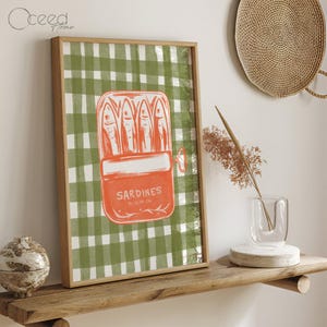 Impresión de arte de pared de cocina colorida Póster retro de pared de sardinas Estilo de verano verde y naranja Impresiones de arte originales italianas Descarga digital instantánea