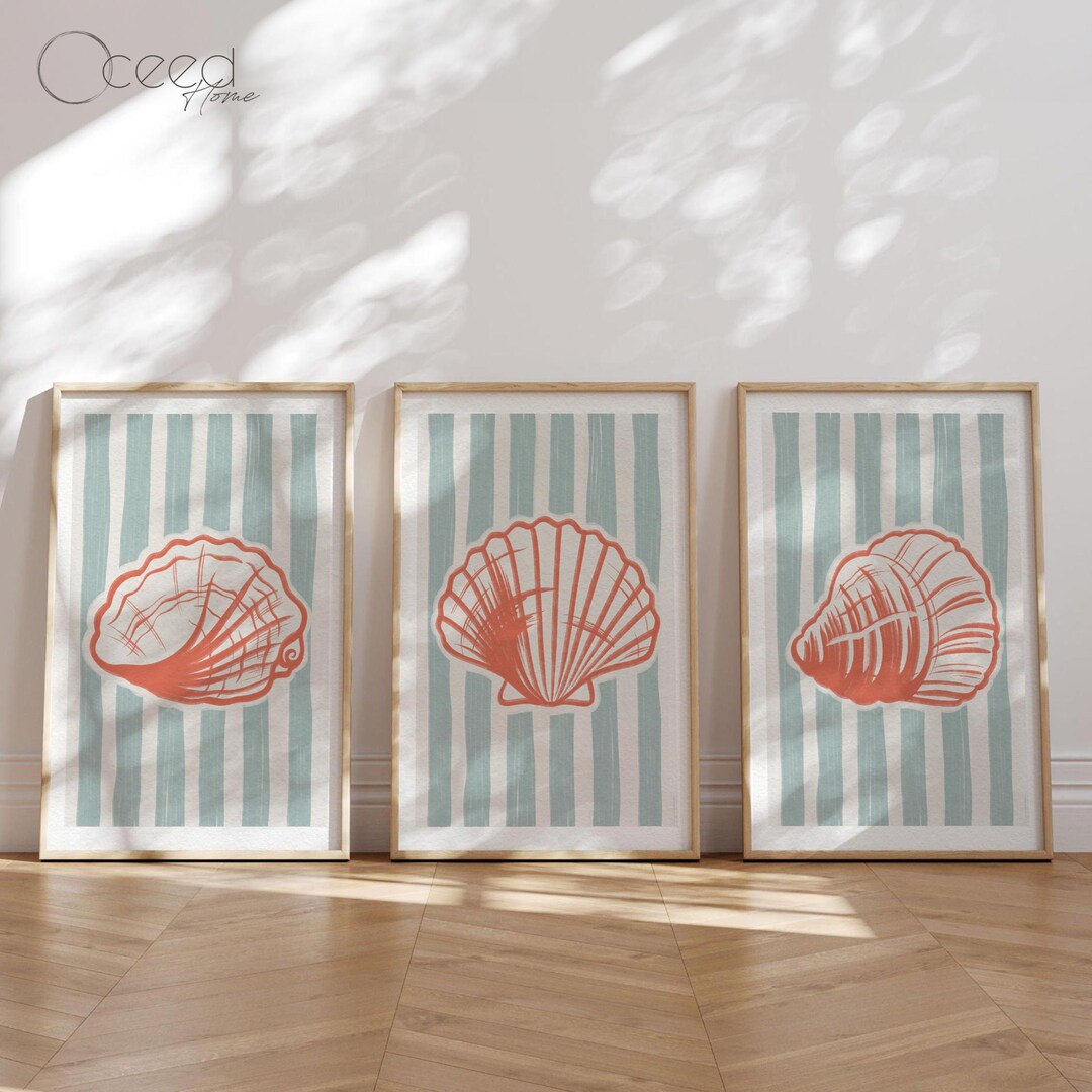 Modern Set of 3 Coastal Sea Side Wall Print Minimal Blue &coral Art ...