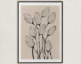 Minimal Black Line Flower Drawing Art Print Tulips Line Art Wall Print Abstract Floral Wall Print Printable Flower Instant Digital Download