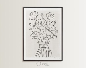 May include: Black and white line art print of a bouquet of flowers in a vase. The flowers are stylized and have a simple, elegant design. The print is framed in a black frame.