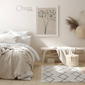 Arte de pared minimalista con flores de diente de león neutras, dibujo lineal moderno, impresiones artísticas, póster de obras de arte botánicas sencillas, descarga instantánea elegante e imprimible