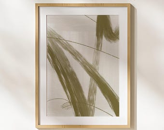 May include: Abstract art print with a beige background and green brushstrokes. The print is framed in a light wood frame.