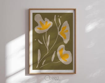 Abstract Wild Flower Art Print Modern Boho Floral Art Print Olive Green Botanical Prints Minimal Boho Home Prints Instant Digital Download
