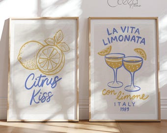 Lemon & Lemonade Wall Art Set of 2 Blue Yellow Summer Prints Modern Minimal Citrus Kitchen Decor Mediterranean Instant Digital Download