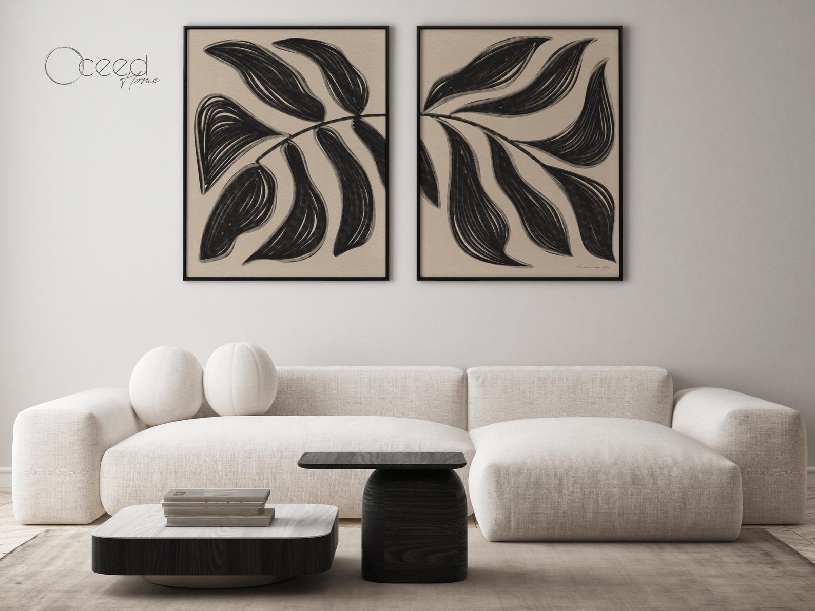 Modern Neutral Set of 2 Art Prints Minimal Black and Beige Leaf Wall ...