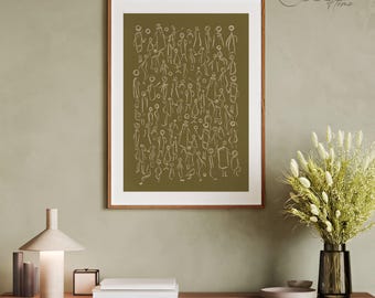May include: A framed print with a green background and a white outline of hundreds of stick figures. The print is in a wooden frame.