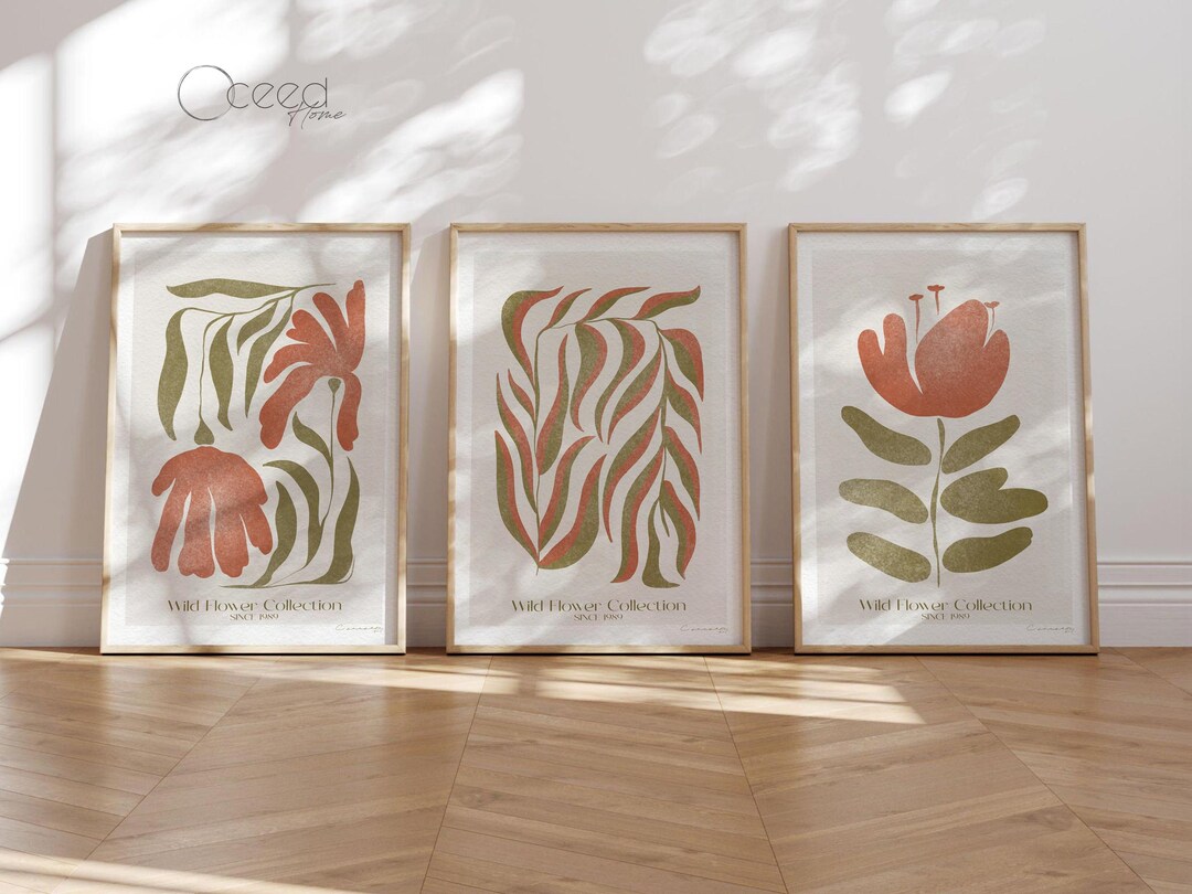 Set of 3 Boho Art Print Terracotta and Green Botanical Wall Prints Wild ...