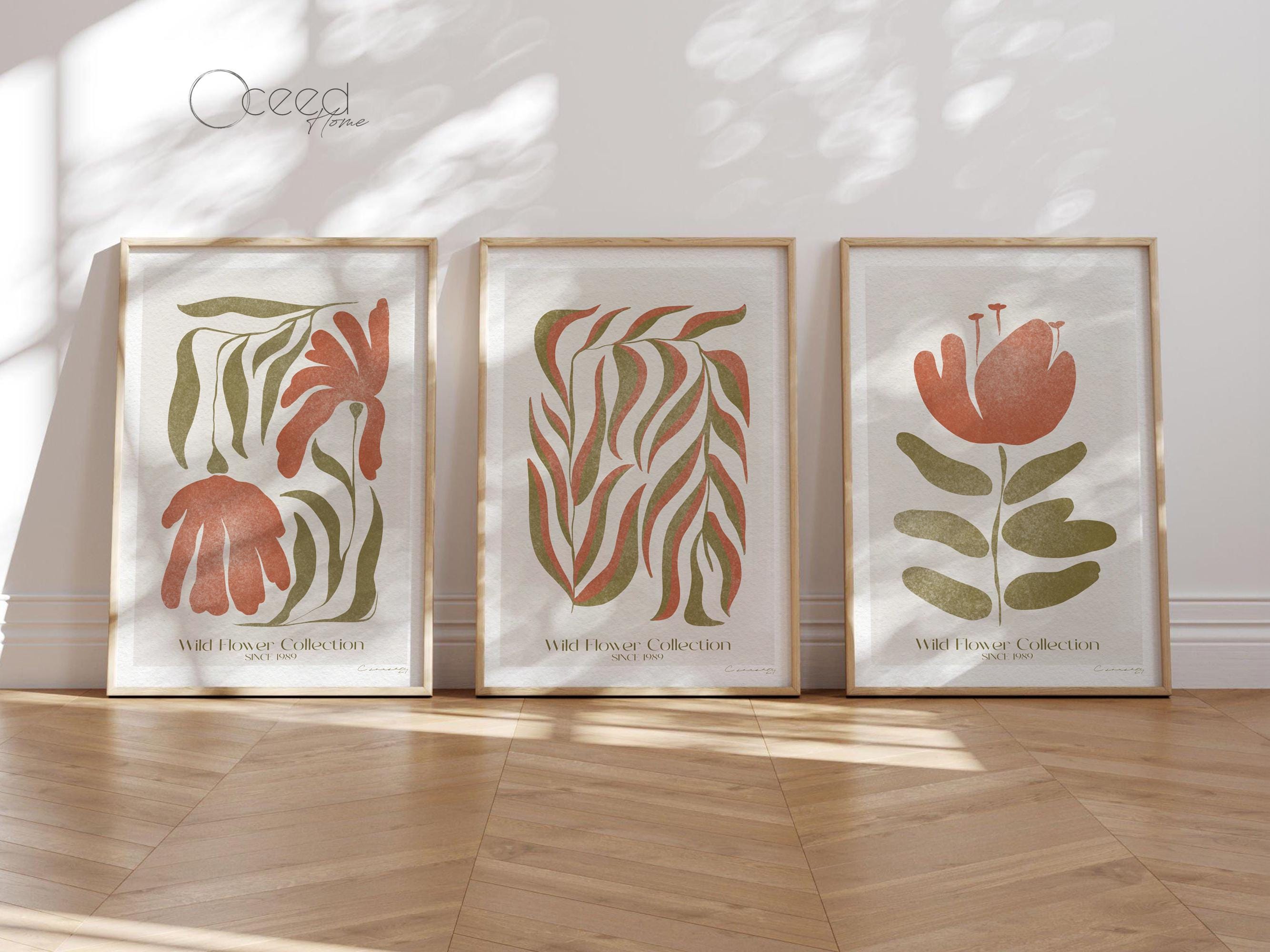Set of 3 Boho Art Print Terracotta and Green Botanical Wall Prints Wild ...