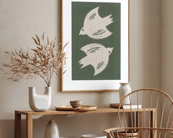 Impressão de parede de pássaros abstratos modernos, download digital instantâneo, impressão de arte minimalista de pássaros verdes, impressão de arte contemporânea azul-petróleo, impressão texturizada de decoração para casa