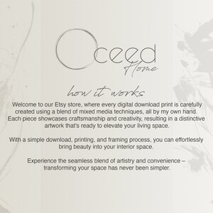 May include: A white background with a gray circle and the text "ceed Home" in black. The text "how it works" is written in cursive below the circle. The text below explains that the Etsy shop offers digital download prints created using mixed media techniques.