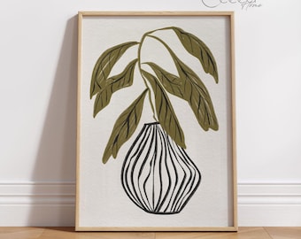 Boho Blume in Vase Wanddruck, olivgrün großes Blatt Kunstdruck, druckbare erdfarbene Kunst, modernes Blumenstillleben, sofortiger digitaler Download