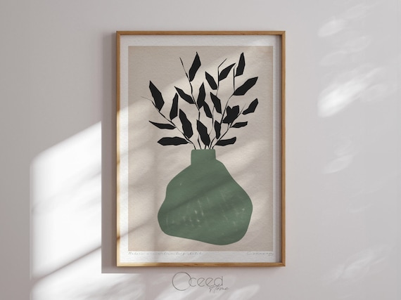 Boho Art Print Abstract Floral Still Life Green Vase Black Leaves Neutral Modern Minimal Botanical Wall Art Poster Instant Digital Download