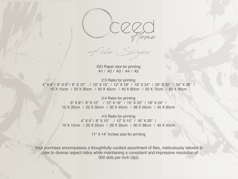 May include: A white and gray graphic with the text "ceed Home File Sizes" and a list of ISO paper sizes for printing in inches and centimeters. The text includes aspect ratios for printing, such as 2:3, 3:4, and 4:5.